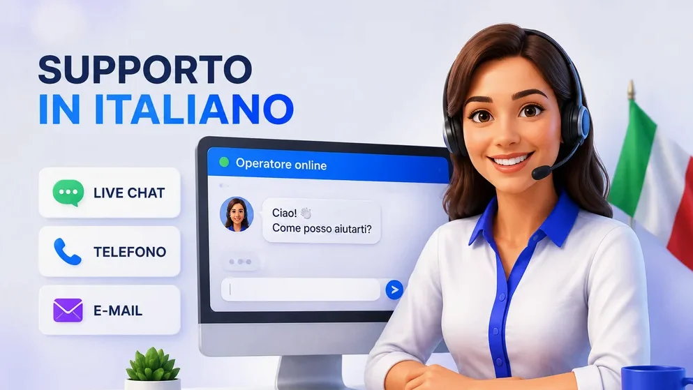 operatore live chat su schermo con bandiera italiana